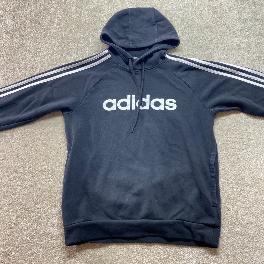 Adidas Sweatshirt Mens Small Black Hoodie with‎ White Stripes Long Sleeve